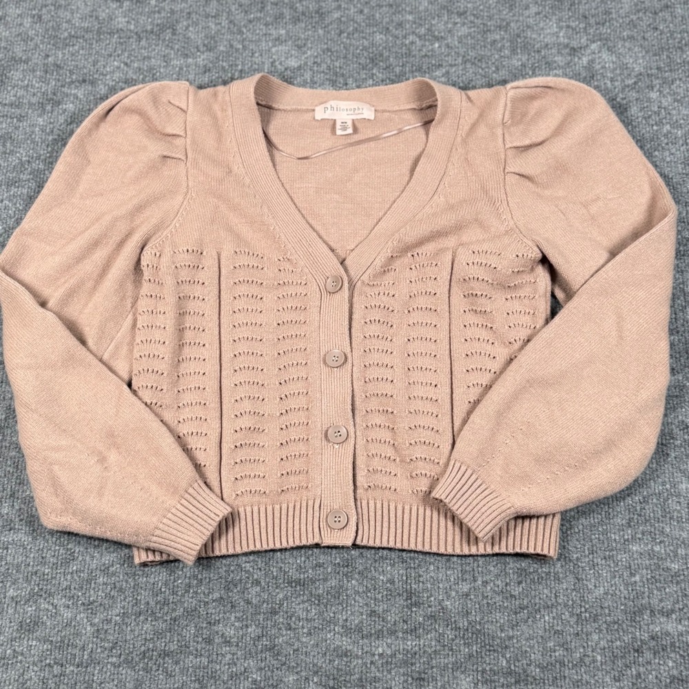 Philosophy Womens Chic Medium Knit Cardigan Beige Puff Sleeve Button Front Fall